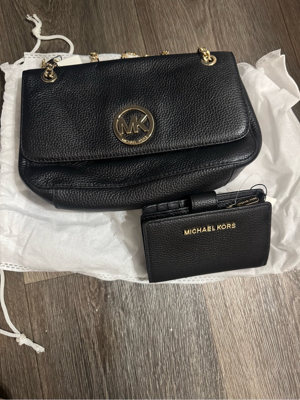 Michael Kors Black Pebbled Leather Shoulder Bag with Matching Card Holder
